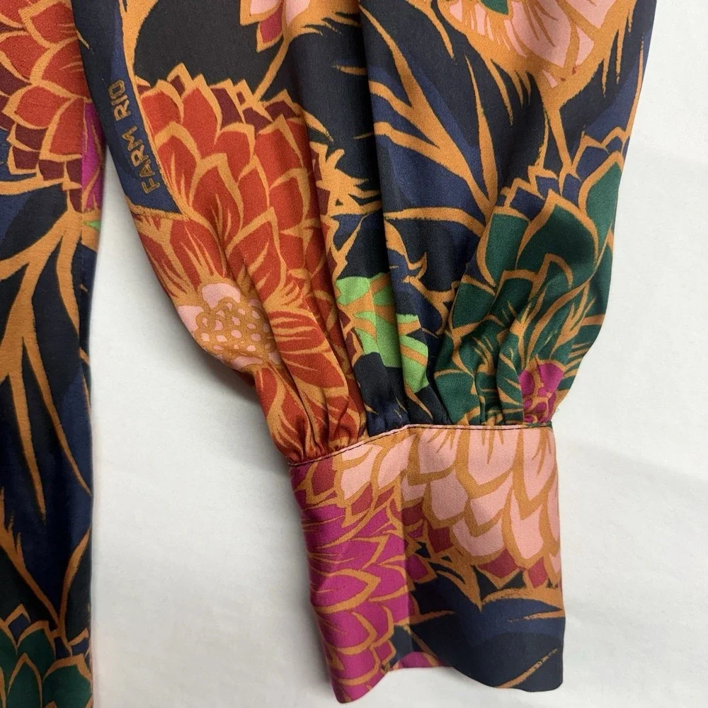 Farm Rio Floral Blouse XS Brazilian Designer Mock Neck Puff Sleeve Boho Statemen